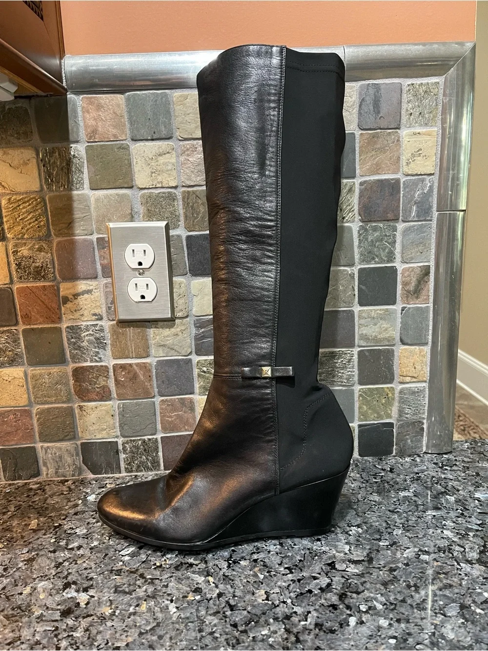 kate spade Black Castina Wedge Boots Leather Knee High 11 Italy